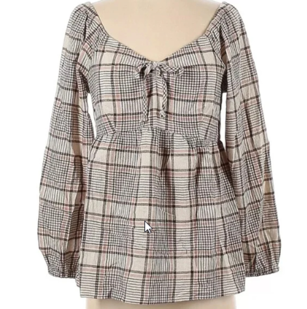 AVLN Studio‎ by Stitch Fix Beige Plaid Boho Off or on Shoulder Blouse Size S